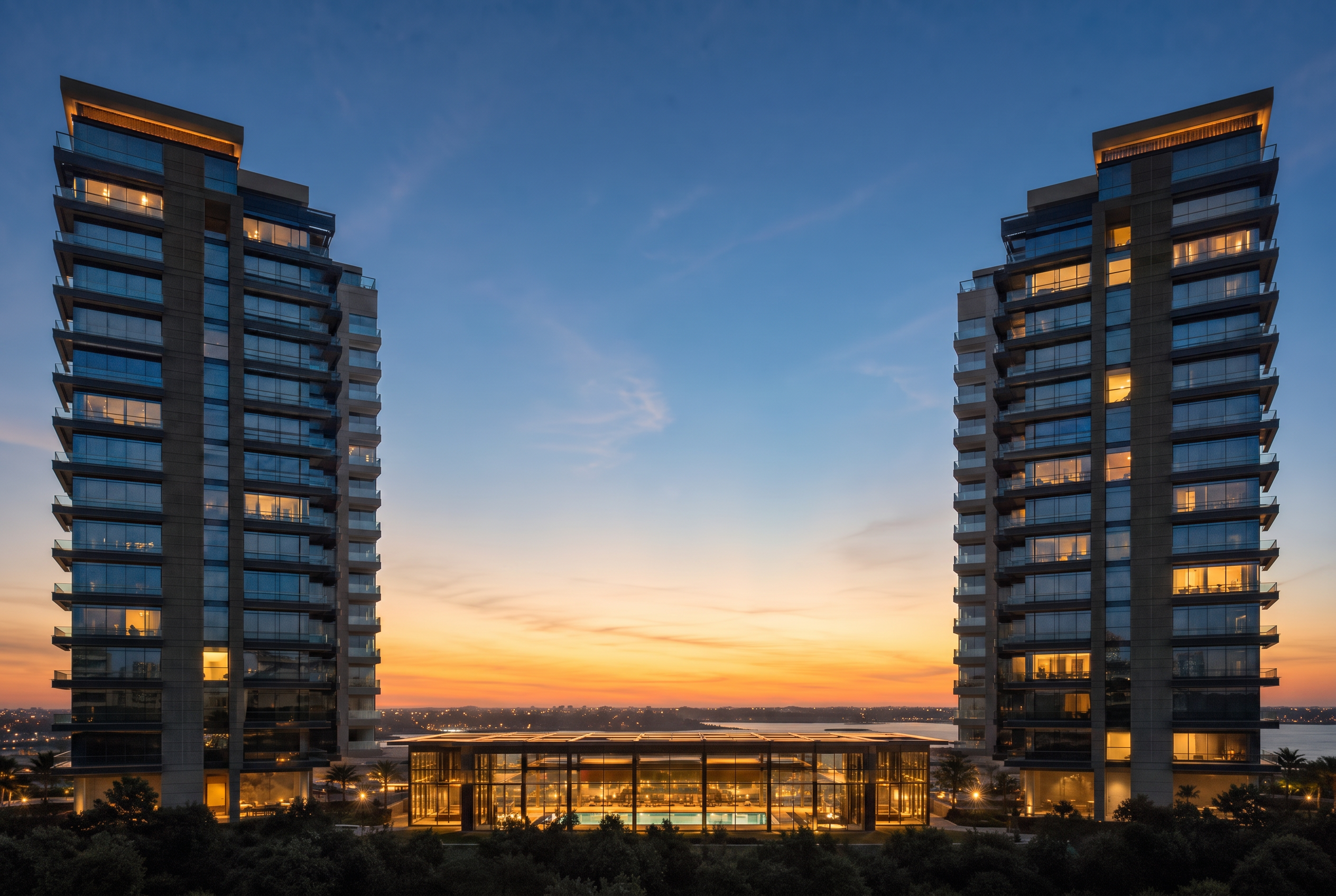 Condomínio residencial à noite com soluções Stortech aplicadas em cada área